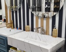 Mərmər naxışlı, dikdörtqan formalı vanna otağı lavabosu və uyğun kran