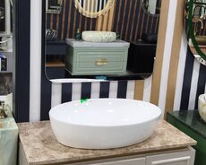 Hamam üçün müasir döşəməüstü lavabo və konsol dəsti - Oval formalı ağ